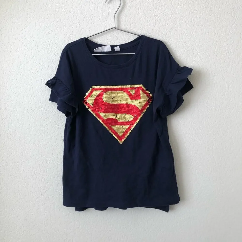 GAP x DC Comics reversible sequin Superman ruffle short sleeve tee navy blue
